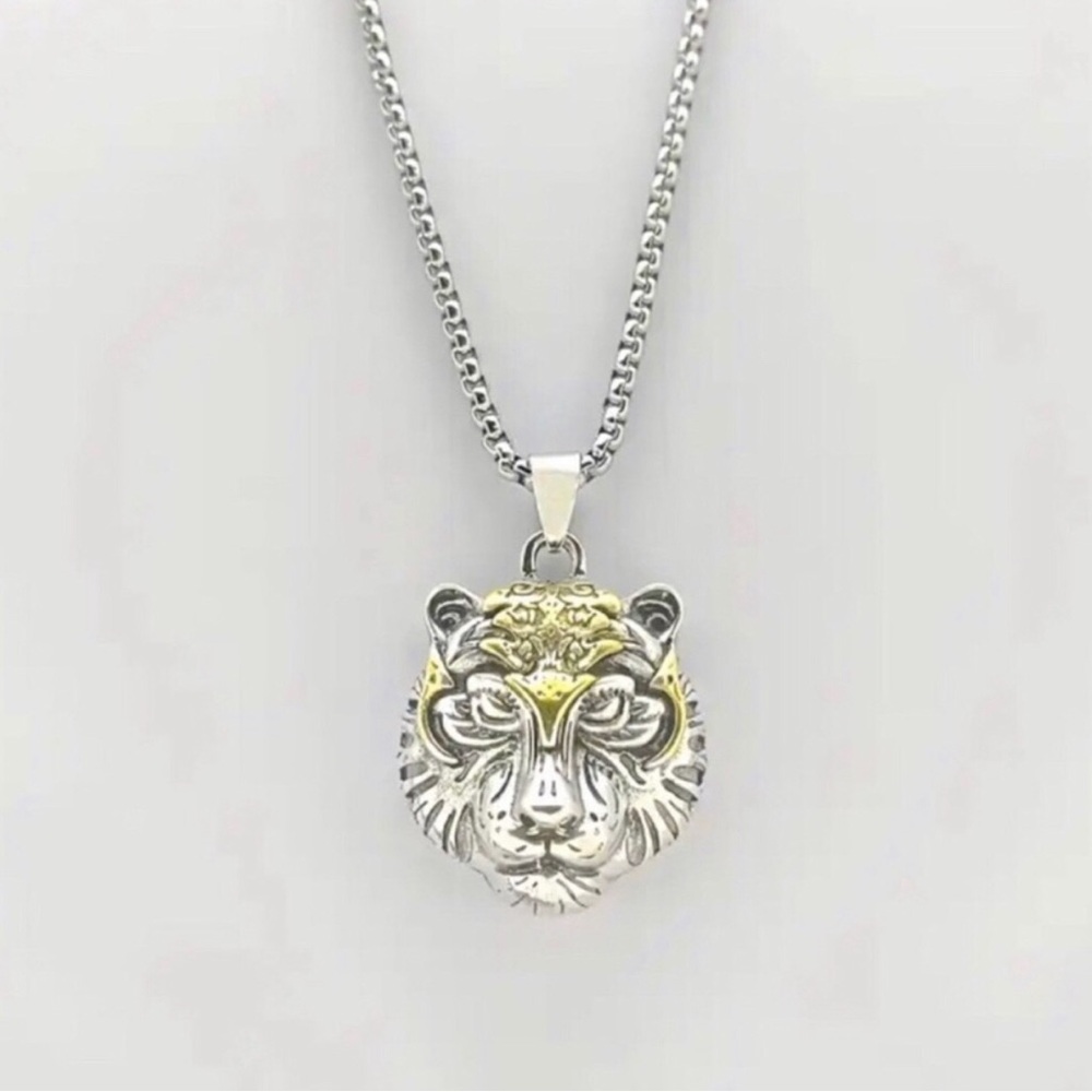 Silver and Gold Tiger Head Pendant Necklace